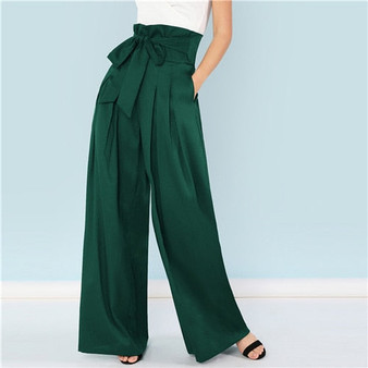 SHEIN Green Elegant Office Lady Self Belted Box Pleated Palazzo High Waist Minimalist Wide Leg Pants 2018 Autumn Casual Trousers