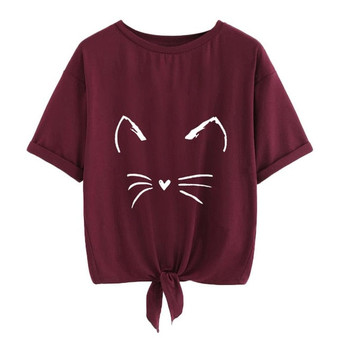 Cat Print Short Sleeve Tie Up T-Shirt