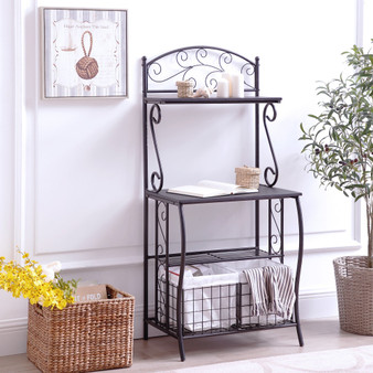 Circlelink Kitchen Scroll Work Metal Bakers Rack with 2 Baskets Storage, Black Finish