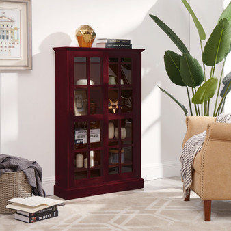 Circlelink Glass Sliding Door Bookcase Media Cabinet, Cherry