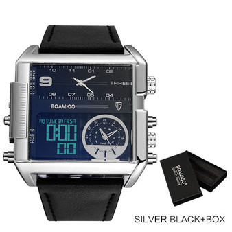BOAMIGO brand men sports watches 3 time zone big man fashion watch leather rectangle quartz wristwatches relogio masculino clock