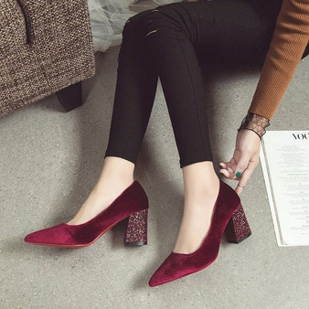 Free shipping 2018 spring and autumn suede shoes Women Pumps Pointed thick heels temperament elegant rhinestone women's shoes