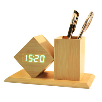 Wooden Digital LED Silent Alarm Clocks with Pen Holder