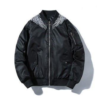 Men's autumn and spring bomber jacket with feather pattern in black or red