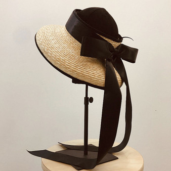 Women Exposed head Wide Brim Braid Straw Cap Summer Beach Hat with Long Ribbon Bow