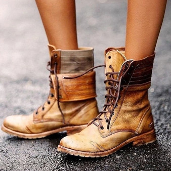 Women Low Heels Mid-Calf Lace-Up Matin Boots