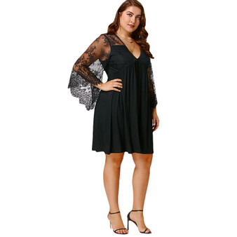 Empire Waist Lace Long Flare Sleeves V Neck Dress