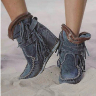 Women Vintage Buckle Increasing Tassels Ankle Boots