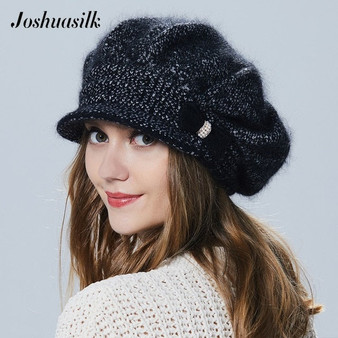 Winter Women Hat With Visor Knitted Fashion Angora Wool Hat Butterfly Decoration Double Warm Hat