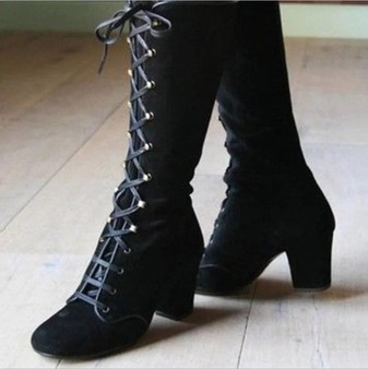 Women's Mid-calf  Cross Laced Suede High-heels Boots