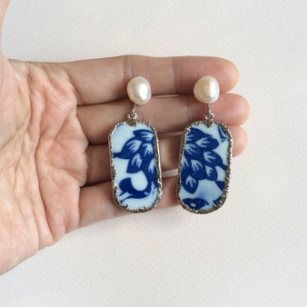 Blue and white botanical chinoiserie porcelain earrings with freshwater pearls