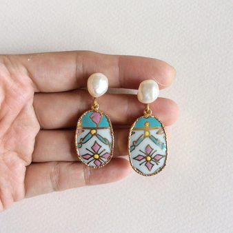 Eclectic porcelain earrings with freshwater pearl studs
