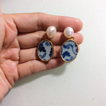 For Jan. Blue and white chinoiserie porcelain earrings with freshwater pearls