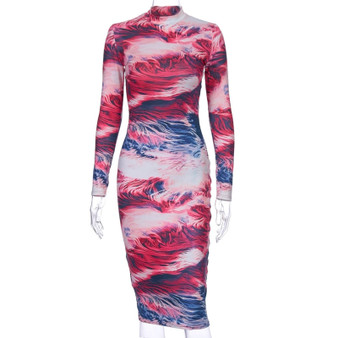 Hugcitar 2019 print tie dye long sleeve colorful sexy midi dress autumn winter women bodycon party streetwear outfits|Dresses