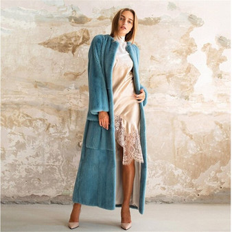 TOPFUR Fashion Blue Real Mink Fur Coat With Belt Femme Casual Long Clothing Plus Size Solid Color Long Fur Coat Warm Jacket