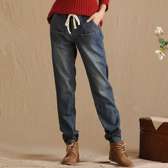 Elastic Waist Winter Jeans Pants Loose Women's Harem Pants Trousers Plus Thick Velvet Warm Straight Denim Jeans Leggings C1505