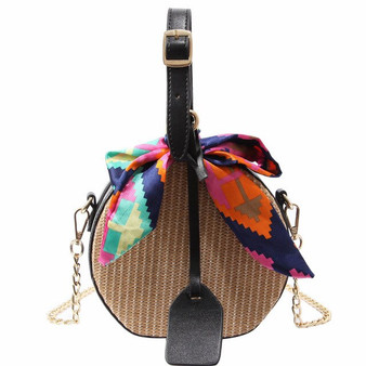 Round Straw+leather Beach Shoulder Bag Messenger summer Bohemia Rattan Bag for 2019 new Fashion Women Ribbon Handbag handmadeBag