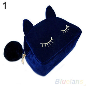Black Pencil Case Pen Box School Stationery Cosmetic Makeup Velour Pouch Zipper Bag Cartoon Cat Multifunction Purse Travel Case