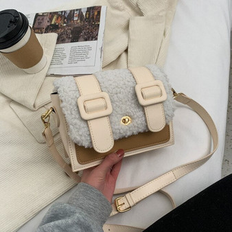 Contrast color Square Crossbody bag 2020 Winter New Quality PU Leather Women's Designer Handbag Plush Shoulder Messenger Bag