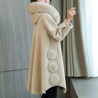 Bronzing granule sheep shearing fur wool coat female long section 2019 new winter fox fur hooded jacket