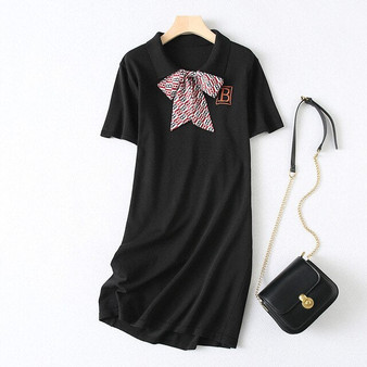 Elegant Women Sweater Dress Summer Autumn New Solid Embroidery Dress Female Turn-down Collar Bow Short Sleeve Knitted Dress