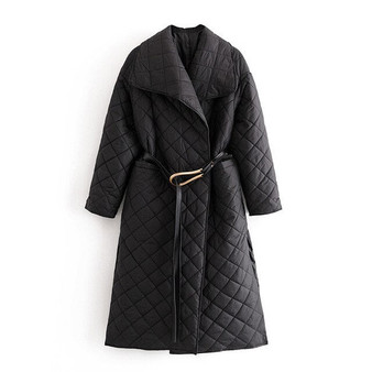 Black Thicken Long Parkas Women Winter Warm Pocket Jackets Metal Belt Fashion Quilted Cotton Casual Loose Clothes Coats