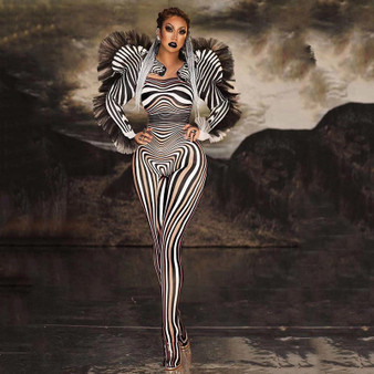 New Fashion Zebra Pattern Jumpsuit Women Singer Sexy Stage Outfit Bar DS Dance Cosplay Bodysuit Performance Show Costume