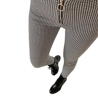 New Spring Autumn Women Stretchy Plaid Pants High Waist Long Slimm Trousers Ladies Checked Slim Fit Zipper Casual Pencil Pants