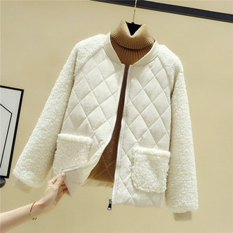 Short cotton jacket women autumn winter lambswool splice parka plus size loose warm outerwear female cotton-padded jackets 3293