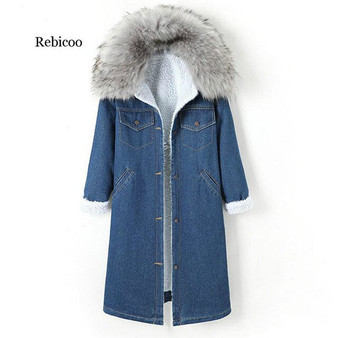 Winter Long Parka Big Flaux fur collar thick Warm Denim coat Plus velvet Fleece Multi-pocket Pocket jean Jacket Women Plus Size