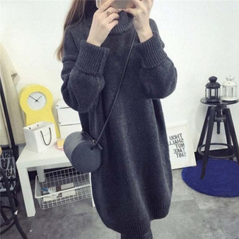 Autumn Winter Women Sweaters Pullovers Thick Knitted Long Sweater Loose Turtleneck Solid Jumpers Knitwear Vestidos Casaco