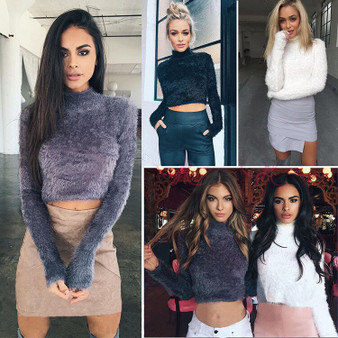 Autumn Winter Women Wool Cropped Jumpers Fluffy Mohair Sweater Mujer Pullover Long Sleeve Sweaters Crop Top Black Purple