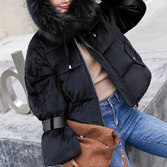 Winter Velvet Jacket Coat Women Cotton Padded Jackets Gray Pink Plus Size 4XL Hood Fur Collar Thick Fashion Basic Snow Outerwear