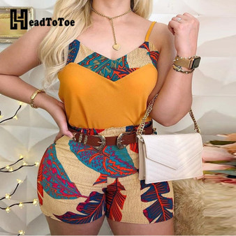 Sexy Ladies Spaghetti Strap Print Tops & Shorts Sets Summer Sleeveless  2 Piece Sets Women Outfits