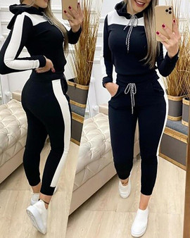 Colorblock Long Sleeve Hooded Top & Drawstring Pants Set Casual Sporty Women Two Piece Set