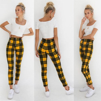 2019 New Brand Fashion US New Women's Pants High Waist Elastic Zipper  Striped Plaid Casual Trousers