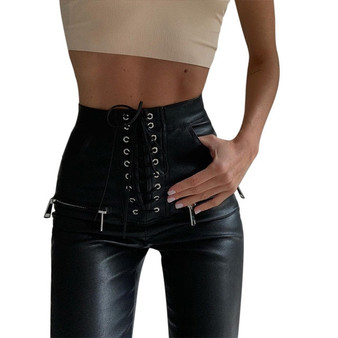 InstaHot Black Faux PU Leather Pencil Pants Lace Up High Waist Slim Skinny Streetwear Autumn Casual Trousers Women 2019 Hot Sale