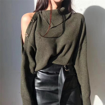 New 2020 Spring Elegant Women Sweaters Sexy Strapless Turtleneck Loose Knitted Pullovers Female Casual Solid Tops Outwear