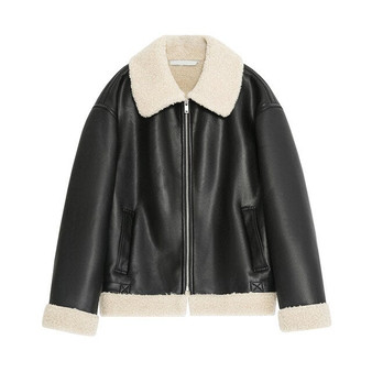 [EAM] Loose Fit Black Pu Leather Thick Big Size Jacket New Lapel Long Sleeve Women Coat Fashion Tide Spring Autumn 2020 1M604