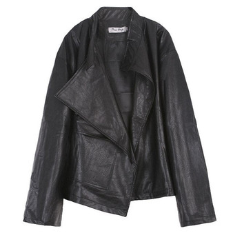 [EAM] Loose Fit Big Size Asymmetrical Pu Leather Jacket New Lapel Long Sleeve Women Coat Fashion Spring Autumn 2020 19A-a543