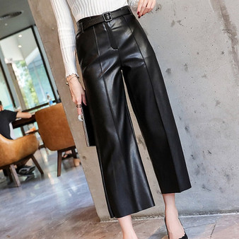 Women's PU Leather Pants With Belt High Waisted Wide Leg Anke-length Women's Trousers 2020 Winter Autumn NEW Fashion Clothes