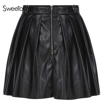 Sweetown Steampunk Gothic PU Leather Skirt Streetwear Korean Style Women High Waisted Skirt Summer 2019 Zipper Pleated Skirts