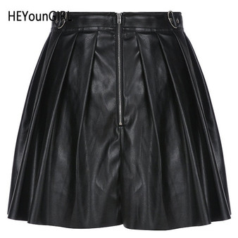 HEYounGIRL Faux Leather PU Pleated Skirt Harajuku Punk High Waist Skirts Womens Casual Black Short Skirt Preppy Style Summer