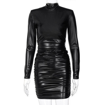 Cryptographic Autumn Winter Turtleneck Ruched Mini Dress Fashion Outfit Club Party Long Sleeve Women's Dresses Bodycon Vestidos