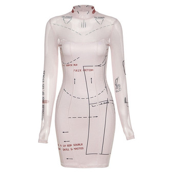 Simenual Mesh Patchwork Letter Print Sexy Mini Dresses Long Sleeve Women Bodycon Clubwear Fashion Fall 2020 Party Dress Skinny