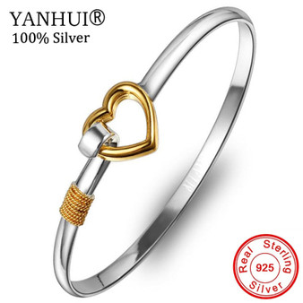 YANHUI 100% Original 925 Pure Silver Heart Shape Cuff Bracelet Bangle Fit For Women Girl Gift Of Love XRXB223