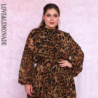 LOVE&LEMONADE Plus Size Stand Lantern Sleeve Leopard Chiffon Blouse LM81500PLUS