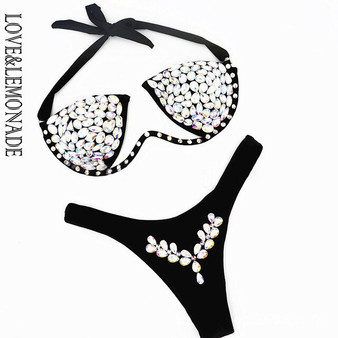 LOVE & LEMONADE Sexy Tube Top Rhinestone Beaded Low Waist Women Bikini Swimsuit LMSW25