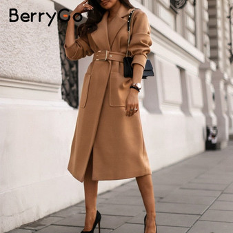 BerryGo Office lady camel autumn winter female wool coat High street fashion long sleeve coat Elegant pocket outwear with belt