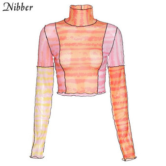 NIBBER autumn mesh Graphics crop tops long sleeve tees women sweet sexy High quality  street casual wear slim Top t shirt female